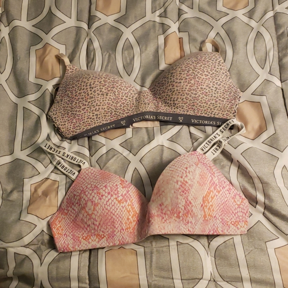 Two Victoria Secret Wireless Patterened Bras